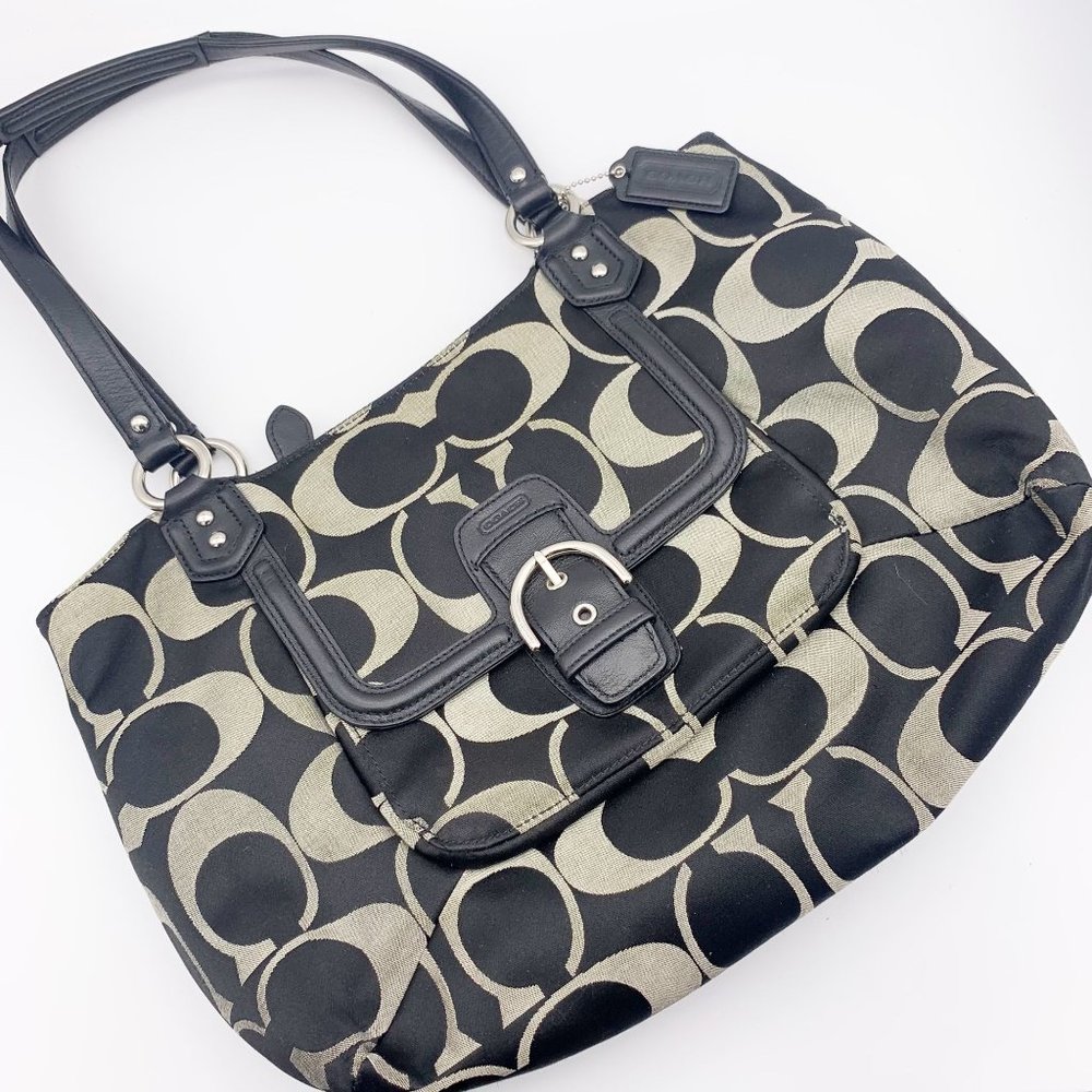 COACH Campbell Signature Belle Carryall Tote Bag Leather Trim Black 25294 EUC